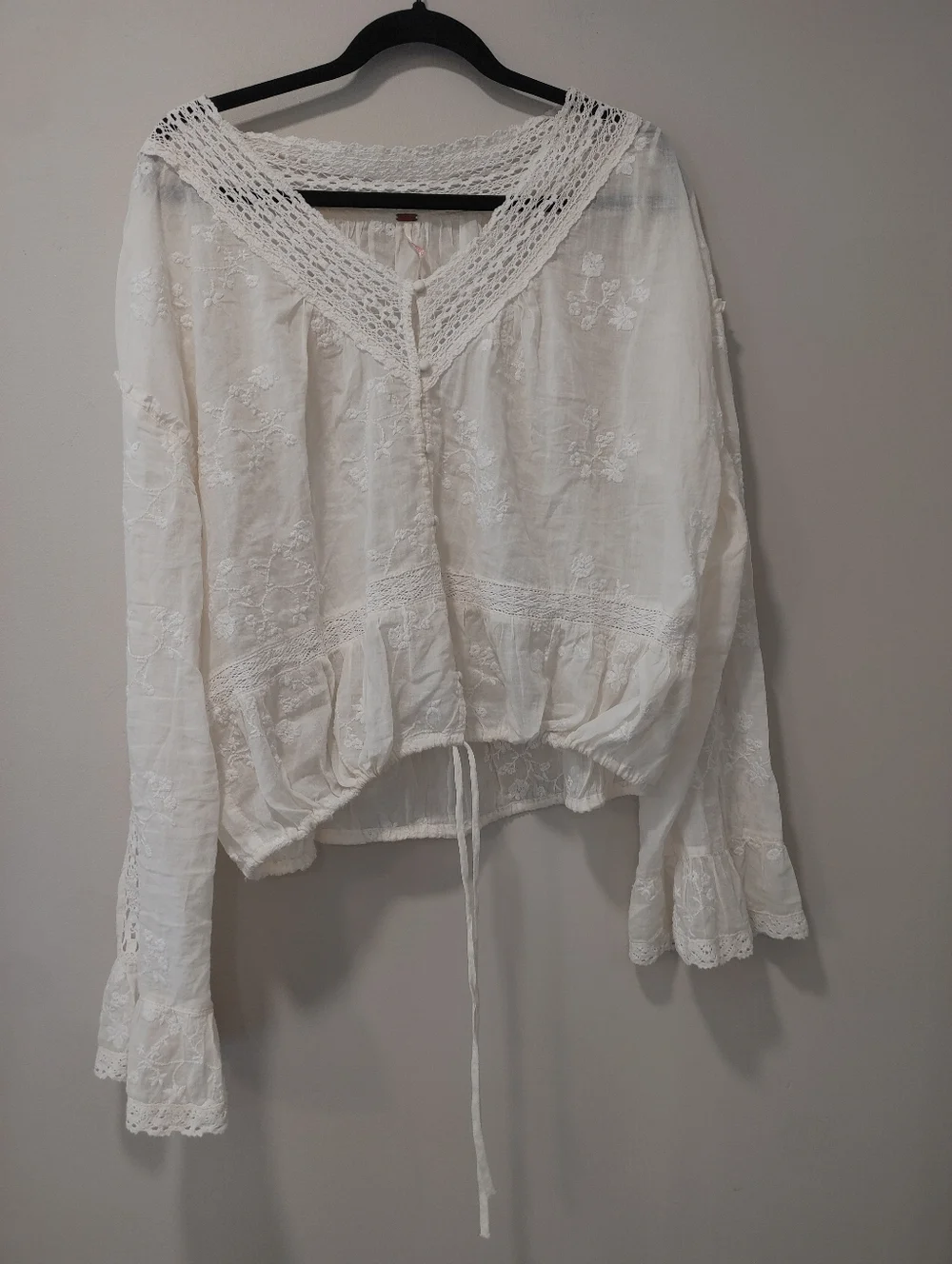 Free People Sweet Love Blouse Crochet-Trim Embroidered Peasant Blouse Size XL